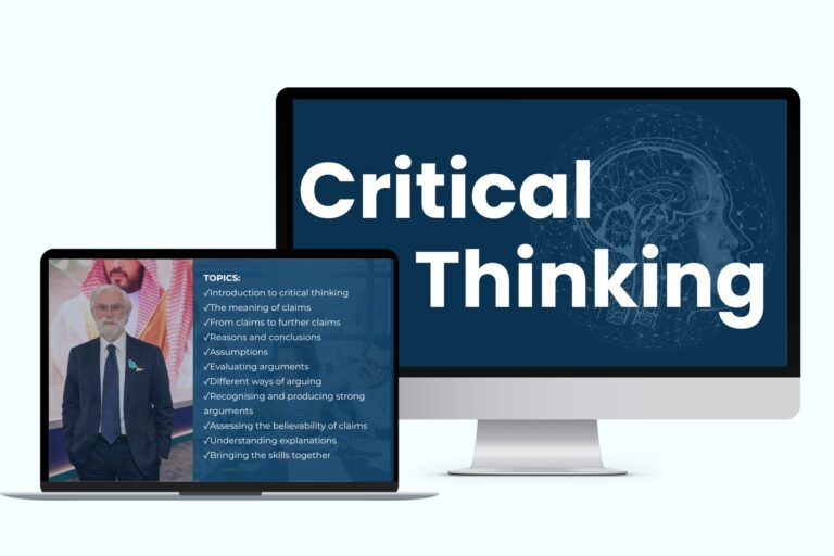 Desktop and laptop screens showing a ‘Critical Thinking’ course with topics and instructor.