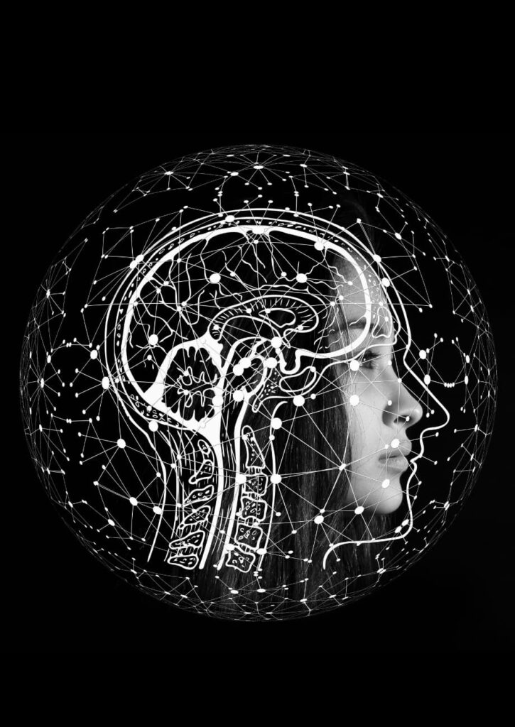Illustration of a human head profile with a glowing brain and interconnected digital lines representing artificial intelligence and neural networks.