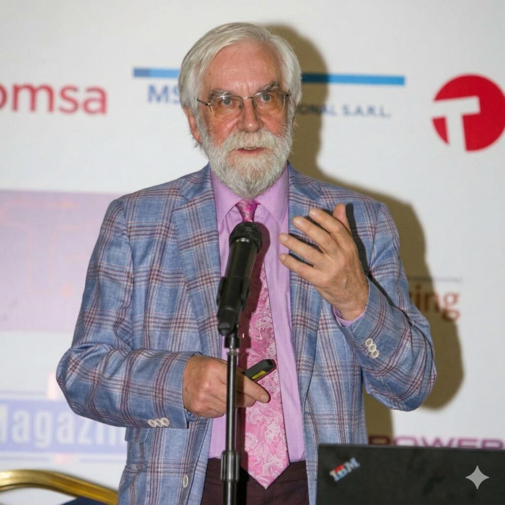 Roy speaking at a conference, wearing glasses, a patterned blue blazer, pink shirt, and tie while holding a microphone and a phone during a presentation.-1536x1536