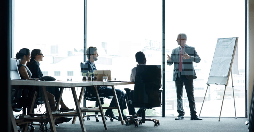 Business professional presenting ideas to a team during a meeting in a conference room.