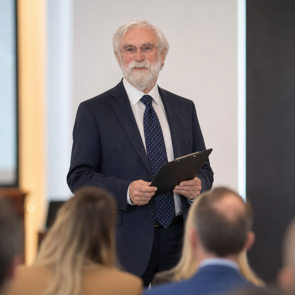 Dr Roy speaking to an audience during a professional critical thinking session.
