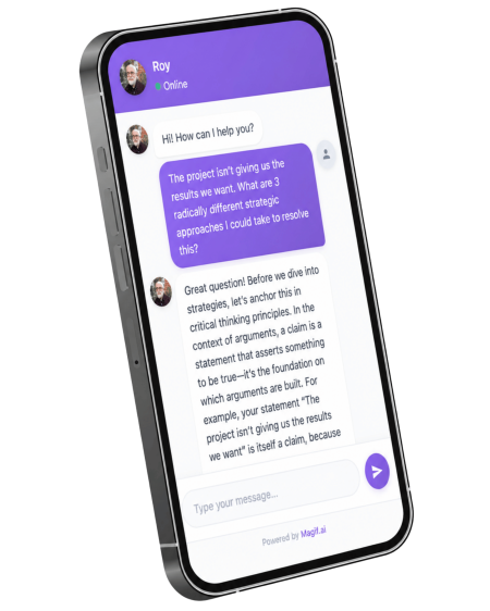 Phone mockup showing Dr Roy’s AI coach giving strategic thinking suggestions in a chat conversation.